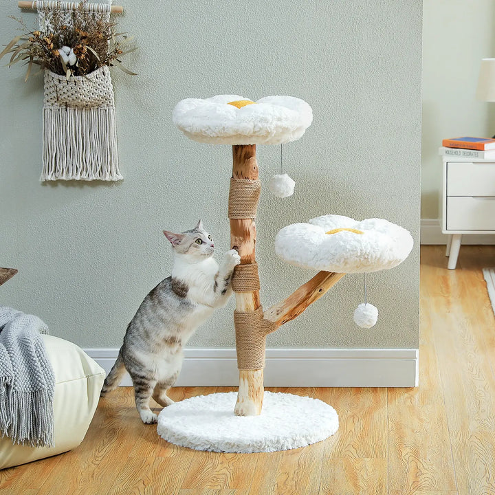 CORTEX™ — Katzenbaum Naturholz mit Blumen-Plattformen & Sisal-Kratzbaum