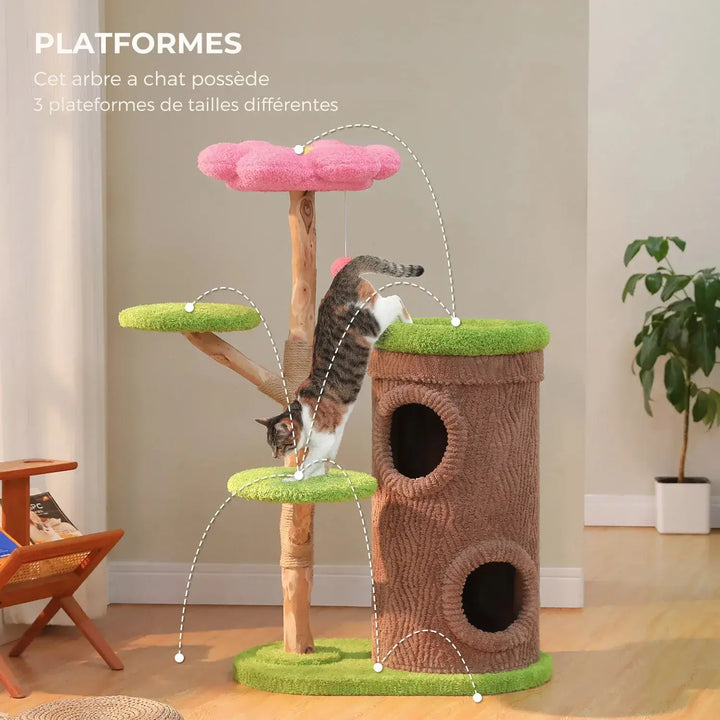 FLORA™ — Katzenbaum im Blüten-Design aus Naturholz mit Höhle & weichen Liegeflächen