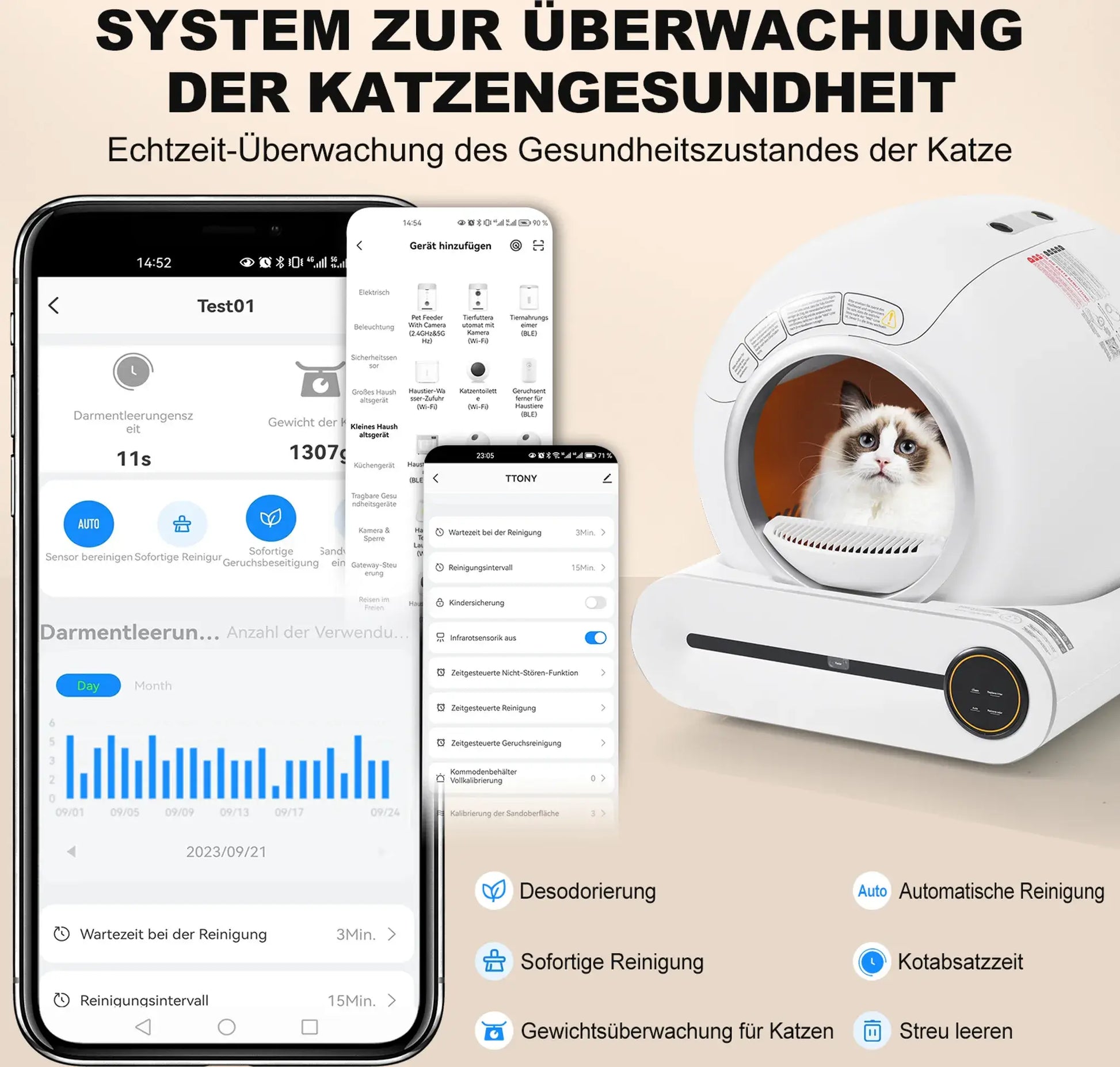 Katze wartet vor automatischer Katzentoilette – moderne Haustierlösung
