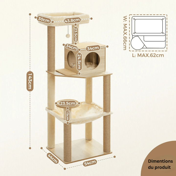 ORÉE™ — Katzenbaum aus Naturholz im Design mit Höhle & Hängematte | Stabil & Elegant