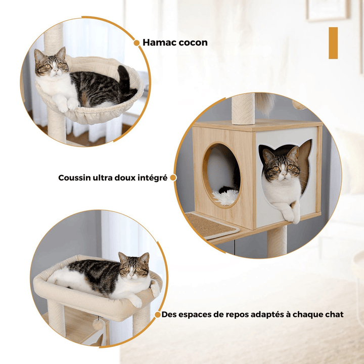 AXIS™ — Moderner Katzenbaum aus Holz mit Höhle & Hängematte, stabil & elegant