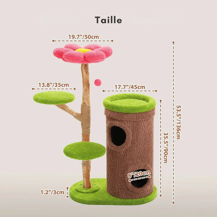 FLORA™ — Katzenbaum im Blüten-Design aus Naturholz mit Höhle & weichen Liegeflächen