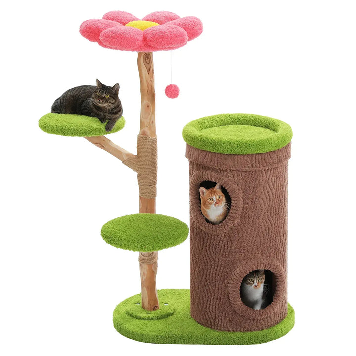 FLORA™ — Katzenbaum im Blüten-Design aus Naturholz mit Höhle & weichen Liegeflächen