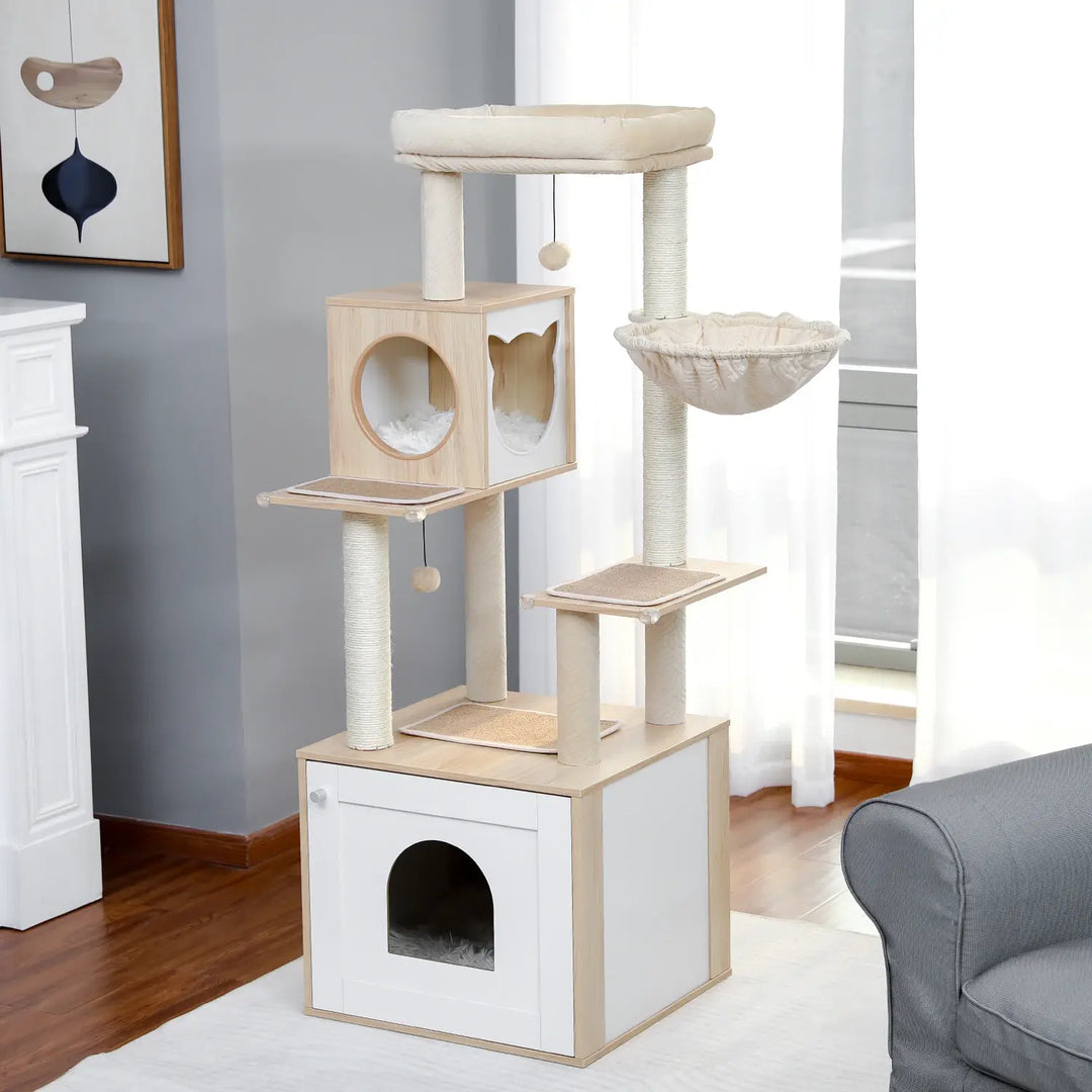 AXIS™ — Moderner Katzenbaum aus Holz mit Höhle & Hängematte, stabil & elegant