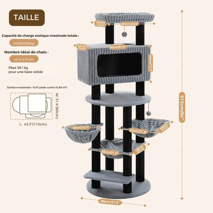 NOVA™ — XXL Katzenbaum 213 cm, mehrstöckig mit Hängematten & Schlafhöhle
